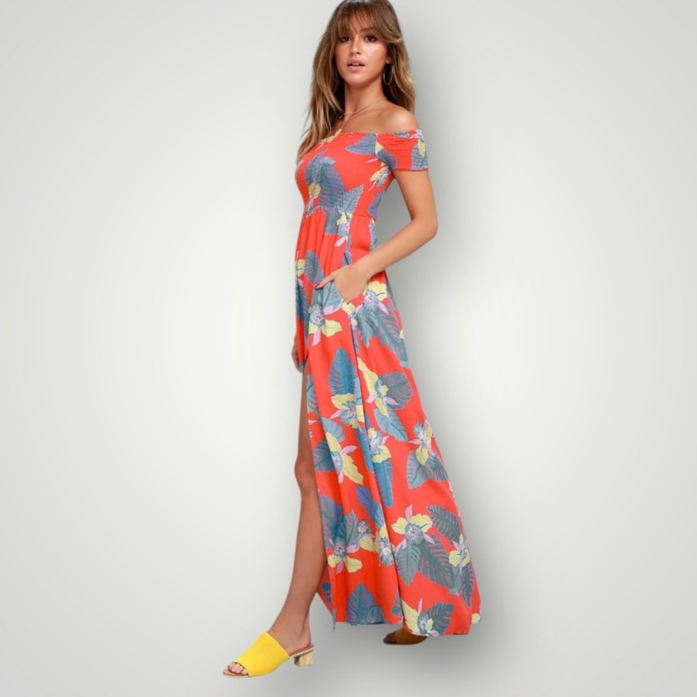 Lulus Patsy Red Tropical Smocked Bodice Maxi Dress - image 4